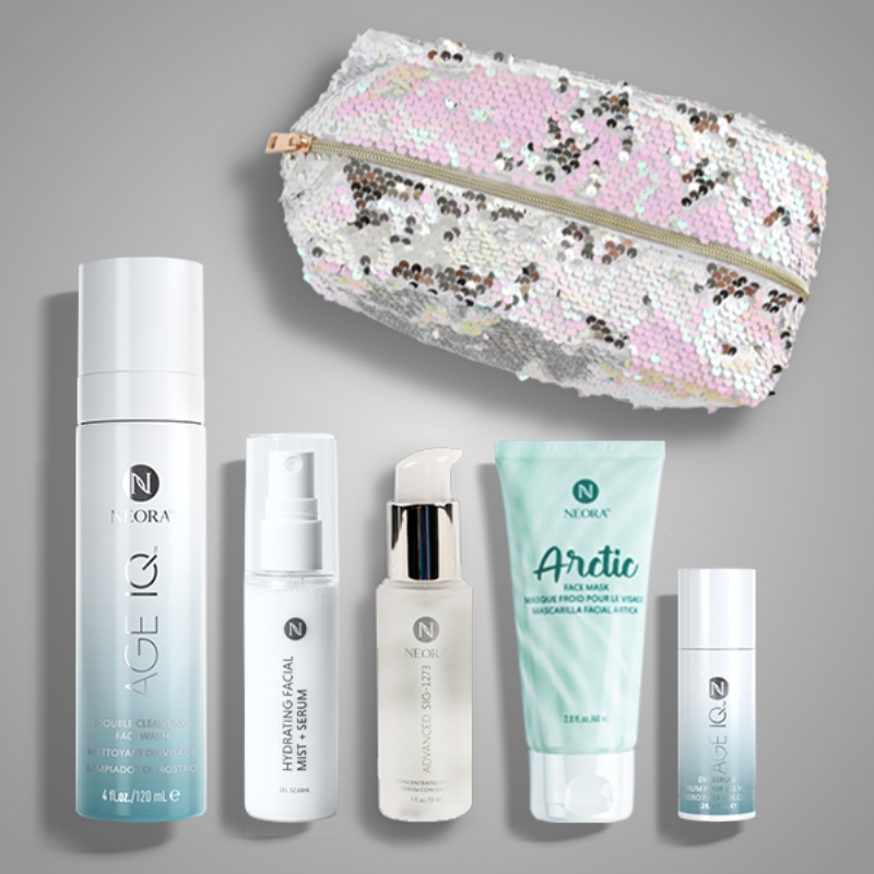 Save 20% plus get a Free Age IQ Eye Serum and Free Shipping with Glow Getter Gift Set + Hydrating Mist which includes Advanced SIG-1273 Concentrated Serum, Age IQ Double-Cleansing Face Wash, Hydrating Facial Mist, Sequined Cosmetic Bag, FREE Arctic Face Mask, FREE Age IQ Eye Serum